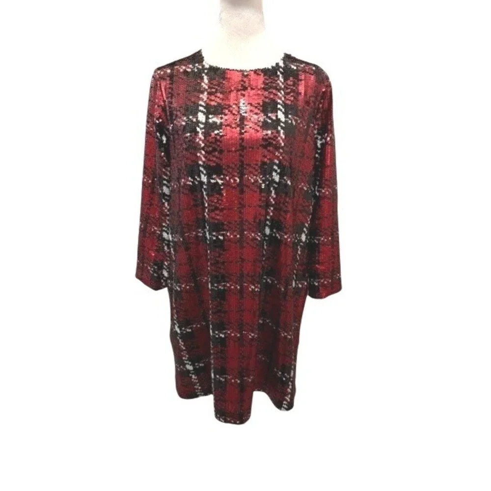 Tuckernuck Womens Medium Red Sequin Tartan Plaid Shift Dress 3/4 Sleeve Mini - Picture 1 of 9